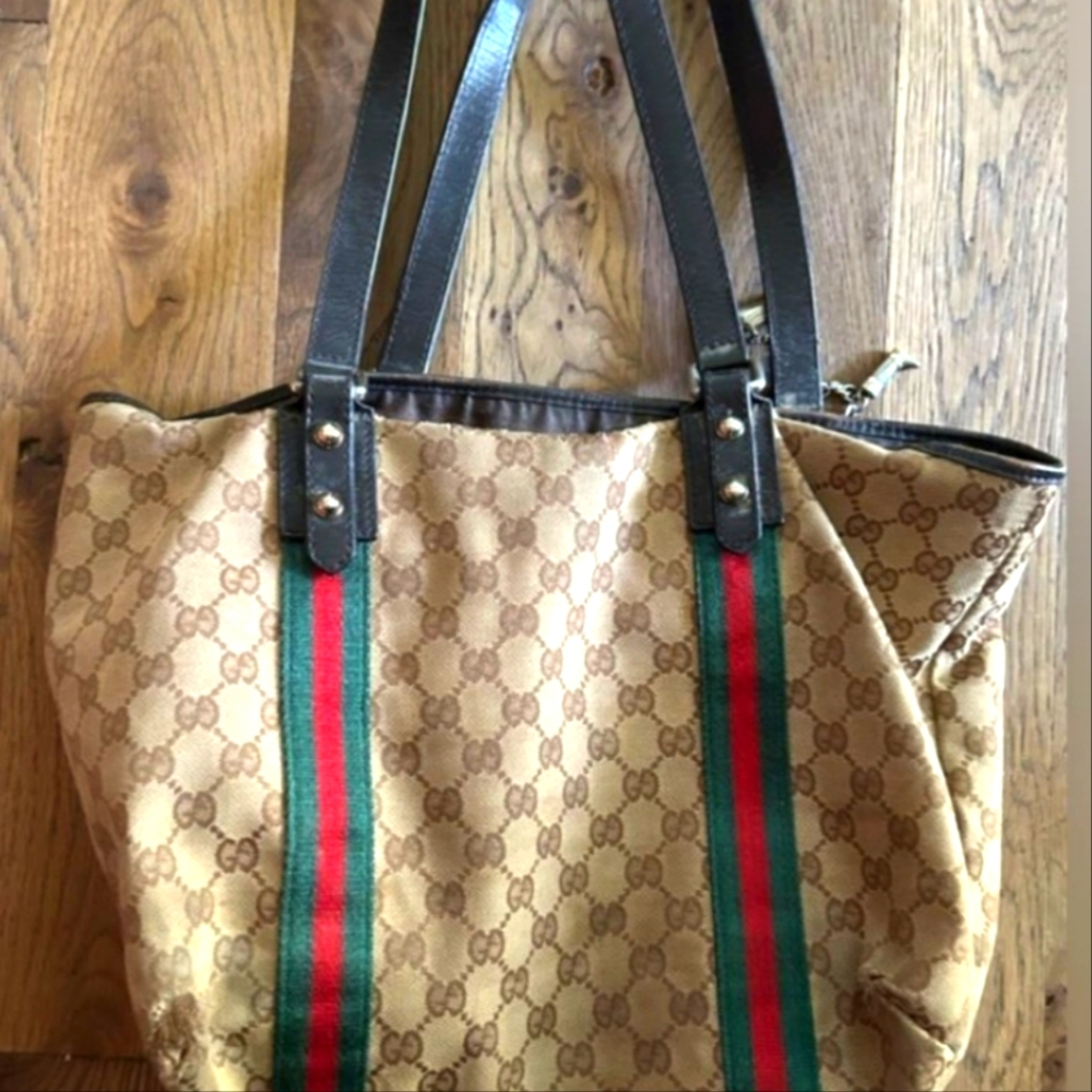 GUCCI Jolicoeur Tote From The Sherry Line With GG Signature Web Stripe Brown/Tan - Picture 7 of 16